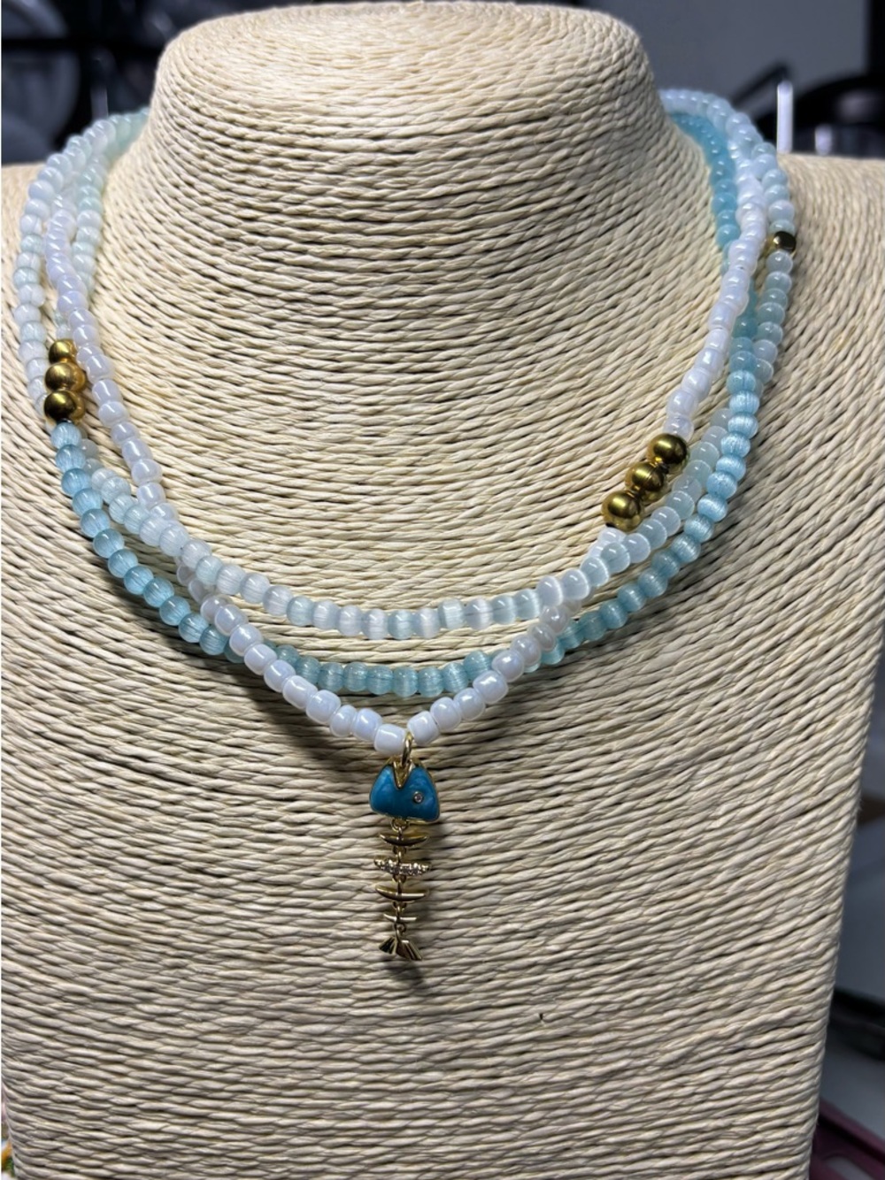 Triple Strand Aquamarine & White Beaded Necklace with Gold Accents